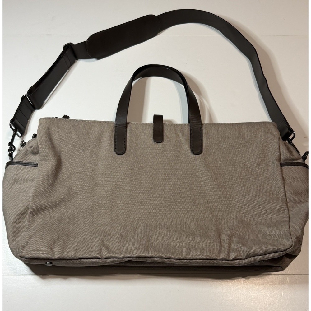 Cuyana Mens Triple Zipper Weekender Canvas/Leather Trim Travel Brown Bag
